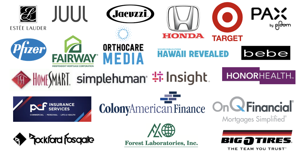 Brands served by Ezzey including Estee Lauder, Juul, Jacuzzi, Honda, Target, Pax, Pfizer, Fairway, Orthocare Media, Hawaii Revealed, Bebe, Honor Health, HomeSmart, Simplehuman, Insight, P&F Insurance, Colony American Finance, OnQ Financial, Rockford Fosgate, Forest Laboratories, and Big O Tires